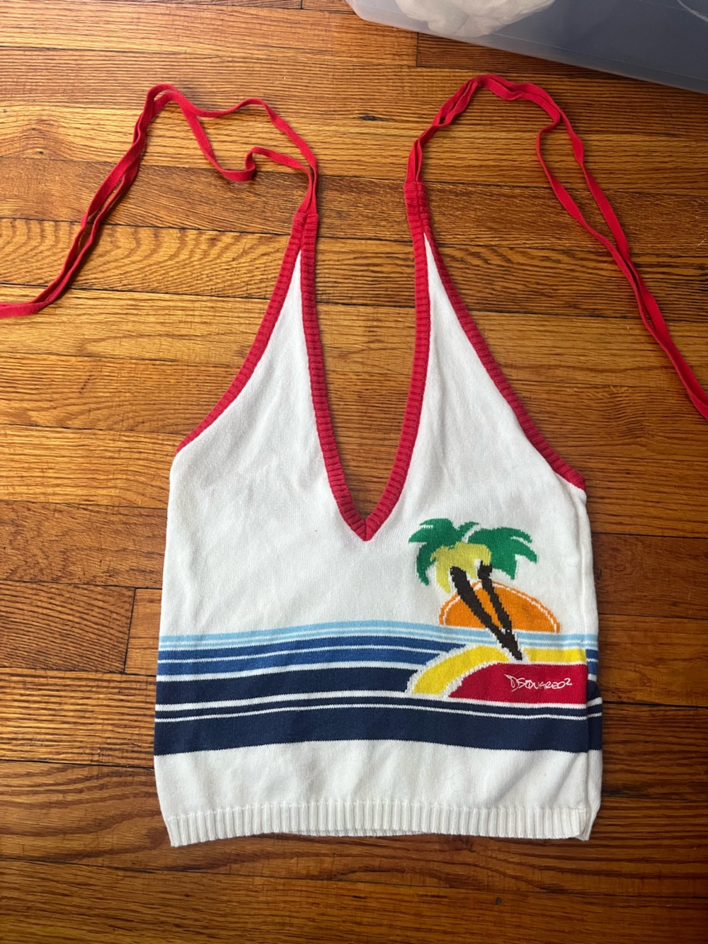 DSQUARED2 White Crop Tank Top with Red Trim and Multicolor Graphic
